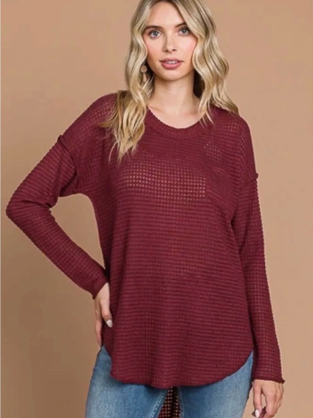 Waffle Knit Crewneck Sweater - Burgundy